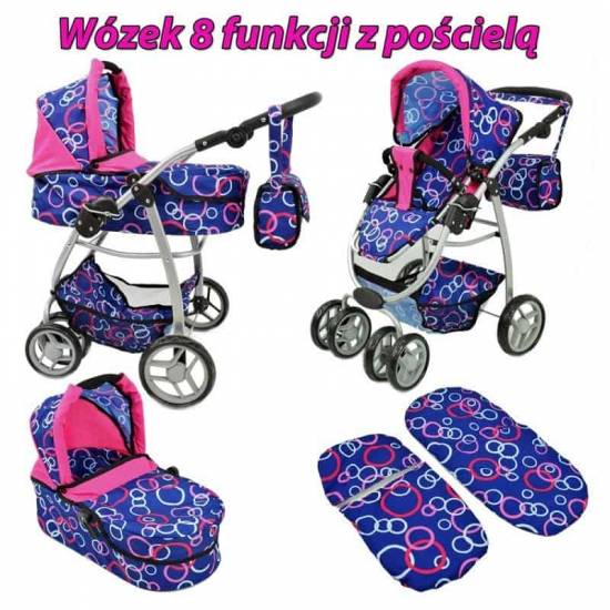 Wózek nowy dla lalek  model 8 funkcyjny  z nosidłem, kołderką i poduszką/9662